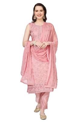 Pink Embroidered Modal Salwar Suit With Pants and Chiffon Dupatta 1