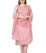 Pink Embroidered Modal Salwar Suit With Pants and Chiffon Dupatta