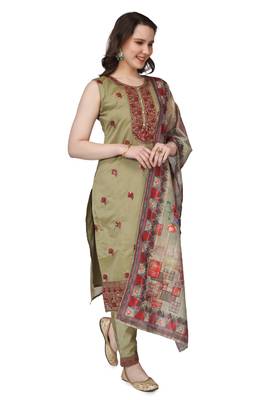 Green Embroidered Modal Salwar Suit With Pants and Chanderi Digital Print Dupatta 1