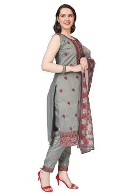 Grey Embroidered Modal Salwar Suit With Pants and Chanderi Digital Print Dupatta 2