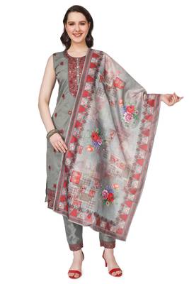 Grey Embroidered Modal Salwar Suit With Pants and Chanderi Digital Print Dupatta 3