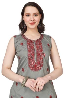 Grey Embroidered Modal Salwar Suit With Pants and Chanderi Digital Print Dupatta 4
