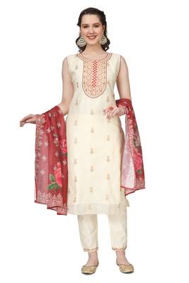 Red Embroidered Modal Salwar Suit With Pants and Chanderi Digital Print Dupatta 1