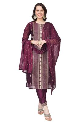 Purple Embroidered Modal Salwar Suit With Pants and Chiffon Dupatta 1