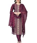 Purple Embroidered Modal Salwar Suit With Pants and Chiffon Dupatta