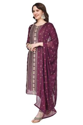 Purple Embroidered Modal Salwar Suit With Pants and Chiffon Dupatta 2