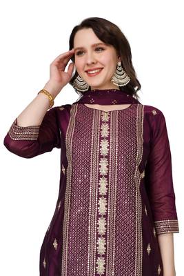 Purple Embroidered Modal Salwar Suit With Pants and Chiffon Dupatta 3