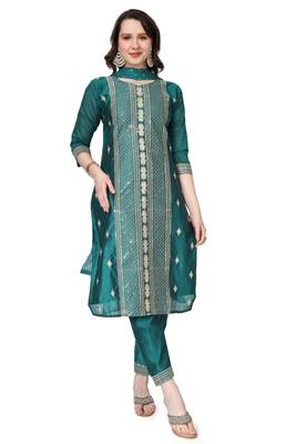 Green Embroidered Modal Salwar Suit With Pants and Chiffon Dupatta 1
