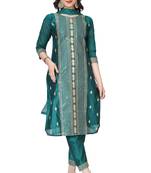 Green Embroidered Modal Salwar Suit With Pants and Chiffon Dupatta
