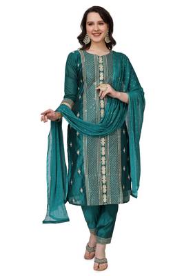 Green Embroidered Modal Salwar Suit With Pants and Chiffon Dupatta 2