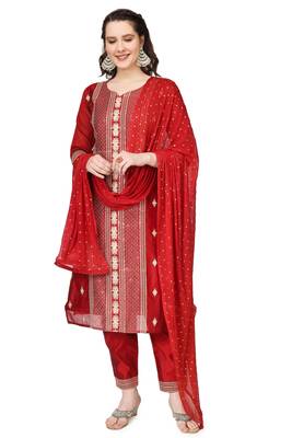 Red Embroidered Modal Salwar Suit With Pants and Chiffon Dupatta 1