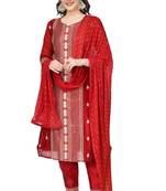 Red Embroidered Modal Salwar Suit With Pants and Chiffon Dupatta
