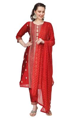 Red Embroidered Modal Salwar Suit With Pants and Chiffon Dupatta 2