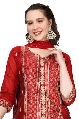 Red Embroidered Modal Salwar Suit With Pants and Chiffon Dupatta 3