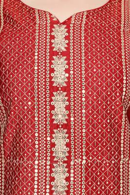 Red Embroidered Modal Salwar Suit With Pants and Chiffon Dupatta 4