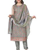 Grey Embroidered Modal Salwar Suit With Pants and Chanderi Digital Print Dupatta