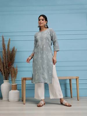 Hand Embroidered Grey Cotton Lucknowi Chikan Indian Women Kurta 1