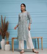 Hand Embroidered Grey Cotton Lucknowi Chikan Indian Women Kurta