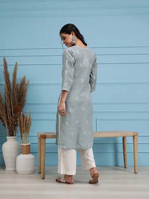 Hand Embroidered Grey Cotton Lucknowi Chikan Indian Women Kurta 2