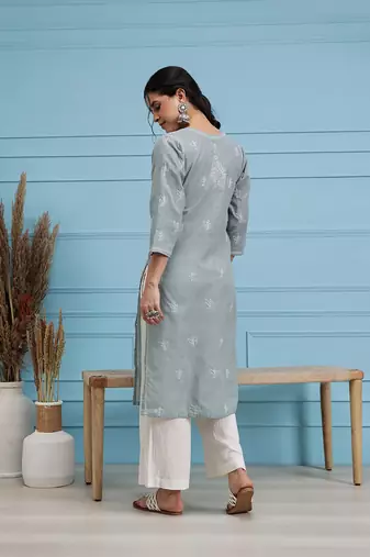 Hand Embroidered Grey Cotton Lucknowi Chikan Indian Women Kurta