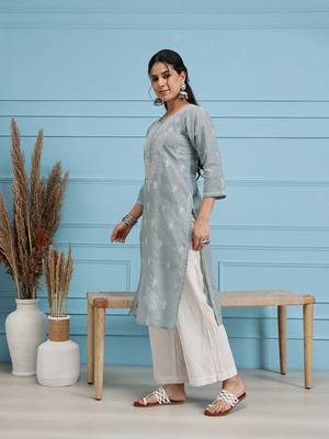 Hand Embroidered Grey Cotton Lucknowi Chikan Indian Women Kurta 3