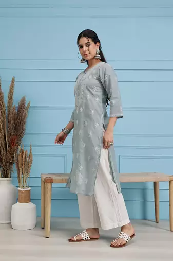 Hand Embroidered Grey Cotton Lucknowi Chikan Indian Women Kurta