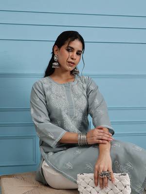 Hand Embroidered Grey Cotton Lucknowi Chikan Indian Women Kurta 4