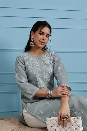 Hand Embroidered Grey Cotton Lucknowi Chikan Indian Women Kurta