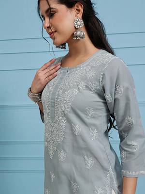 Hand Embroidered Grey Cotton Lucknowi Chikan Indian Women Kurta 5