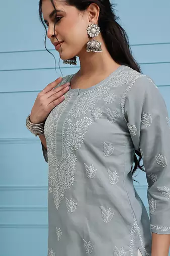 Hand Embroidered Grey Cotton Lucknowi Chikan Indian Women Kurta