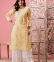 Hand Embroidered Cream Cotton Lucknow Chikankari Indian Women Kurta