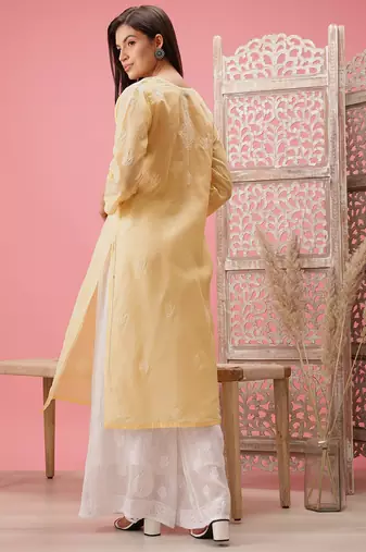 Hand Embroidered Cream Cotton Lucknow Chikankari Indian Women Kurta