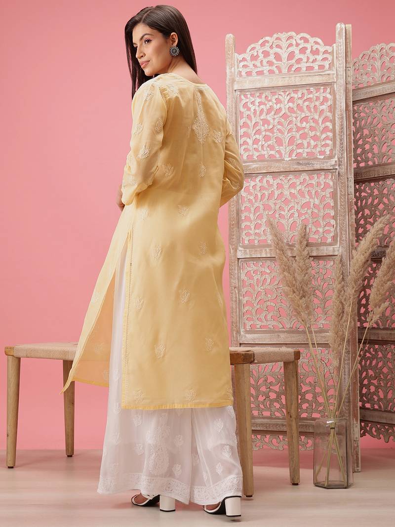 Hand Embroidered Cream Cotton Lucknow Chikankari Indian Women Kurta