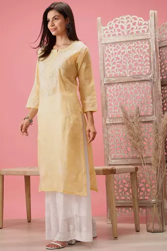 Hand Embroidered Cream Cotton Lucknow Chikankari Indian Women Kurta