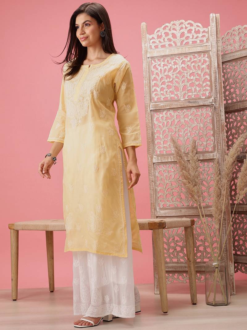 Hand Embroidered Cream Cotton Lucknow Chikankari Indian Women Kurta