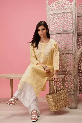 Hand Embroidered Cream Cotton Lucknow Chikankari Indian Women Kurta