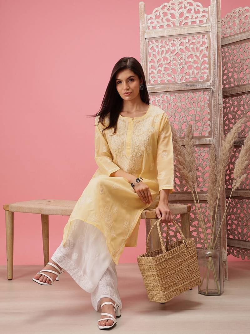 Hand Embroidered Cream Cotton Lucknow Chikankari Indian Women Kurta