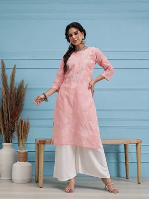Hand Embroidered Light Peach Cotton Lucknow Chikankari Indian Women Kurta 1