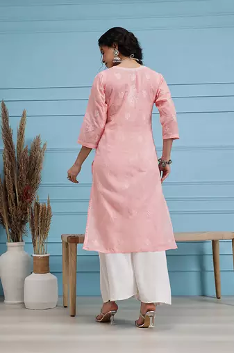 Hand Embroidered Light Peach Cotton Lucknow Chikankari Indian Women Kurta