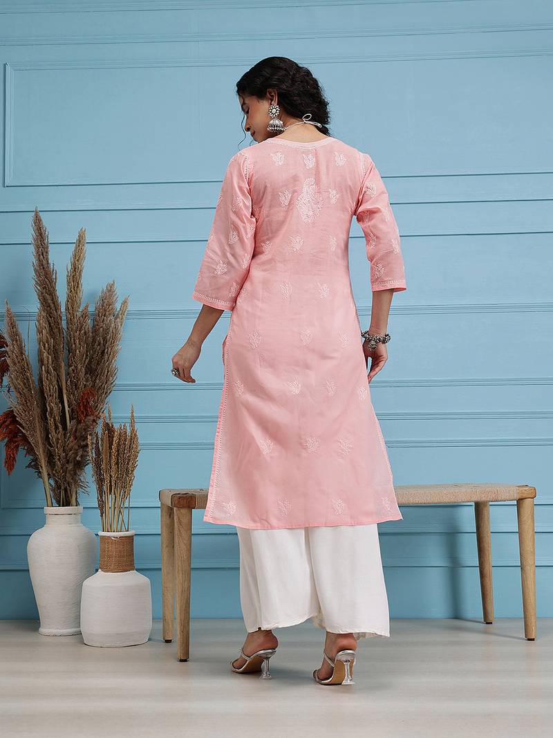 Hand Embroidered Light Peach Cotton Lucknow Chikankari Indian Women Kurta