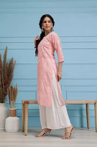 Hand Embroidered Light Peach Cotton Lucknow Chikankari Indian Women Kurta