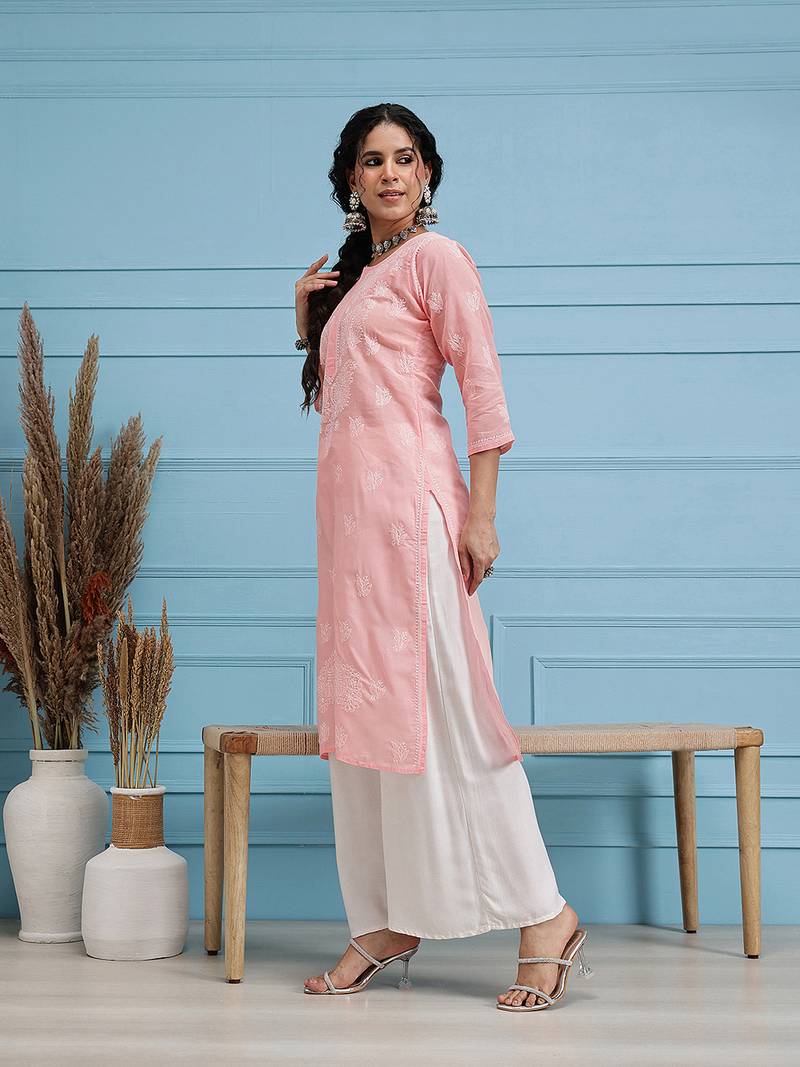 Hand Embroidered Light Peach Cotton Lucknow Chikankari Indian Women Kurta