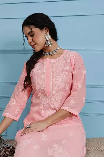 Hand Embroidered Light Peach Cotton Lucknow Chikankari Indian Women Kurta