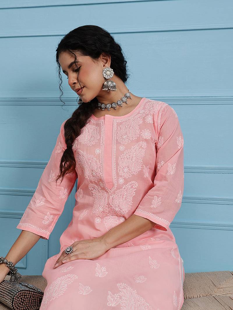 Hand Embroidered Light Peach Cotton Lucknow Chikankari Indian Women Kurta