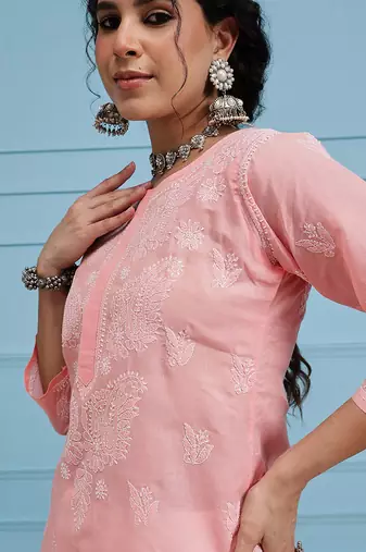 Hand Embroidered Light Peach Cotton Lucknow Chikankari Indian Women Kurta