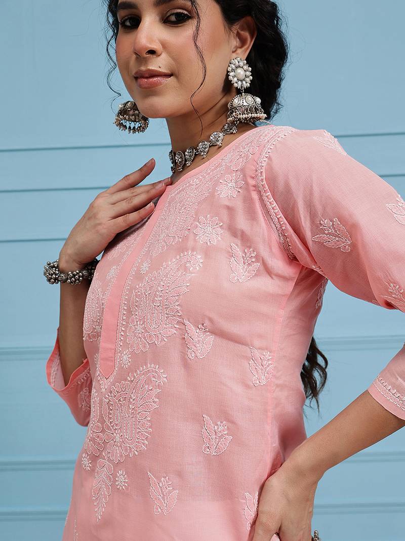 Hand Embroidered Light Peach Cotton Lucknow Chikankari Indian Women Kurta