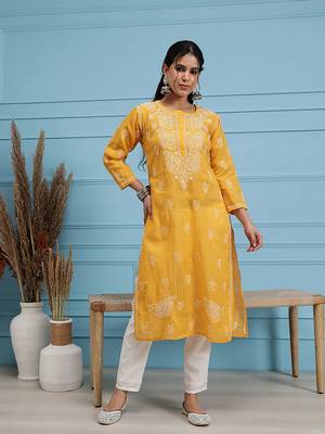 Hand Embroidered Mustard Cotton Lucknowi Chikankari Indian Women Kurta 1