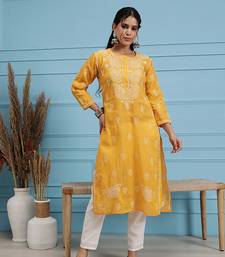 Hand Embroidered Mustard Cotton Lucknowi Chikankari Indian Women Kurta