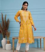 Hand Embroidered Mustard Cotton Lucknowi Chikankari Indian Women Kurta