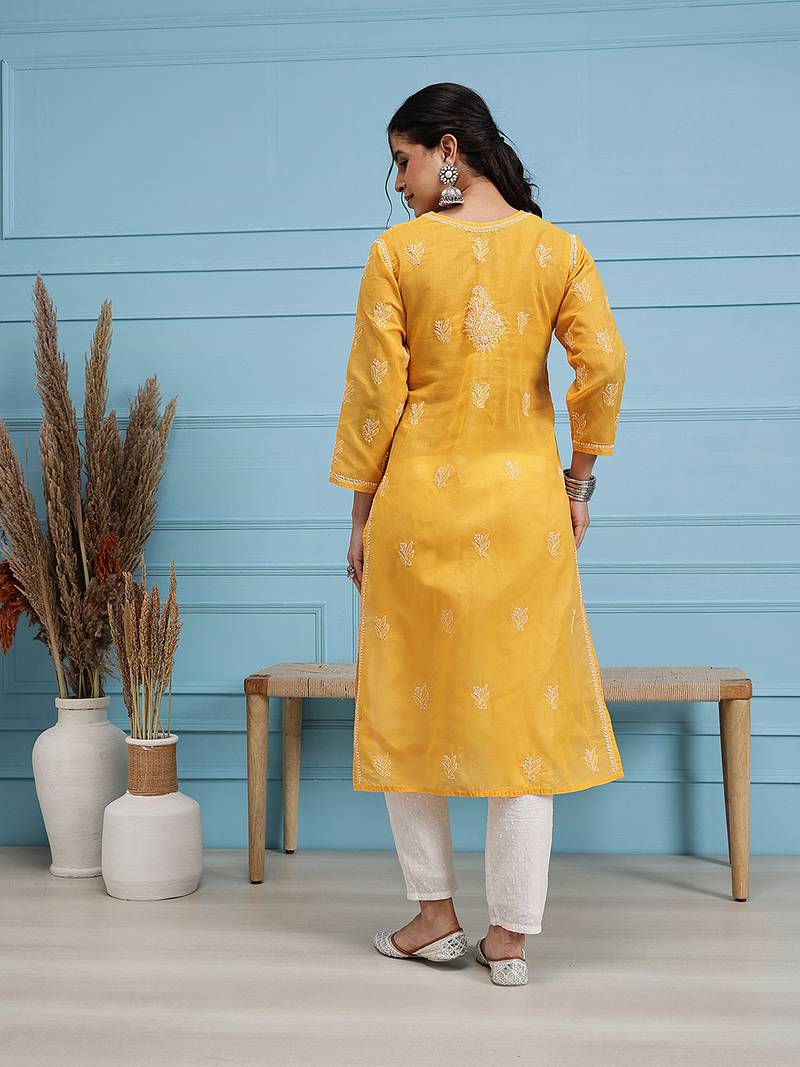 Hand Embroidered Mustard Cotton Lucknowi Chikankari Indian Women Kurta